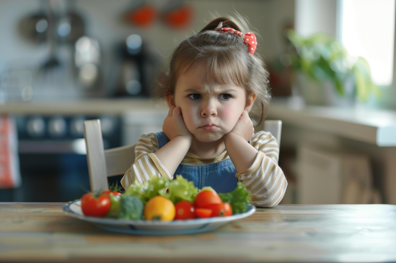 child pouting at vegetables